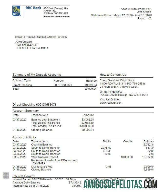 Extrato bancário RBC dos EUA em branco modelo Word e PDF, versão 2